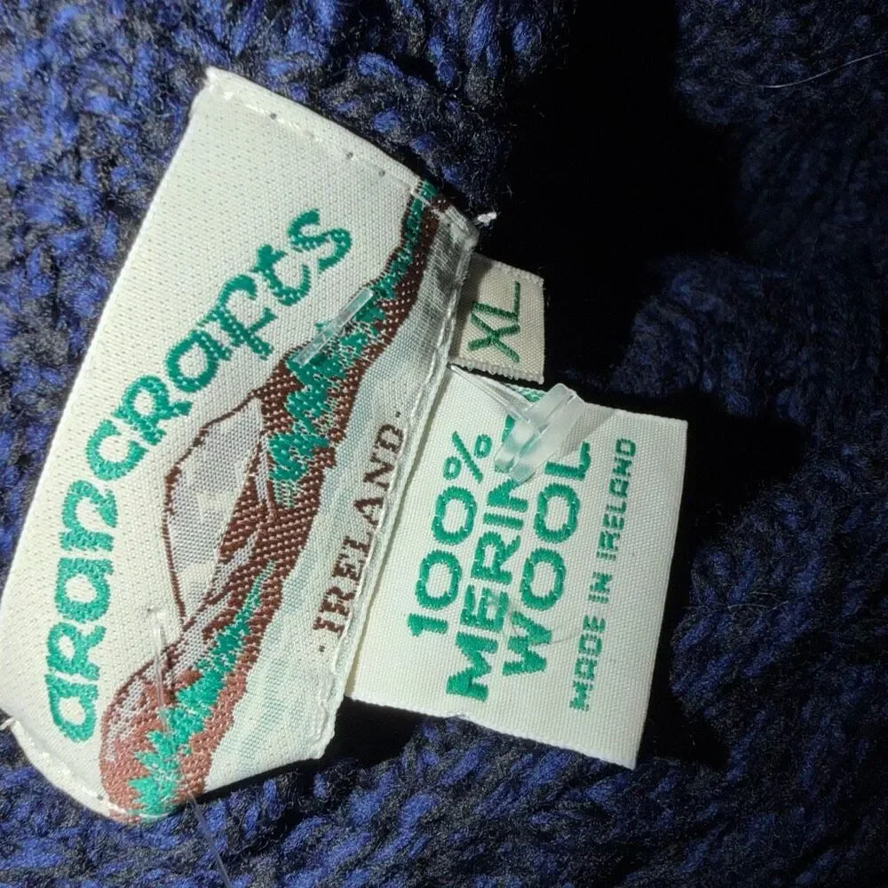 Aran Crafts Women's Cable Knit Merino Wool Cardigan Sweater Navy XL NWOT